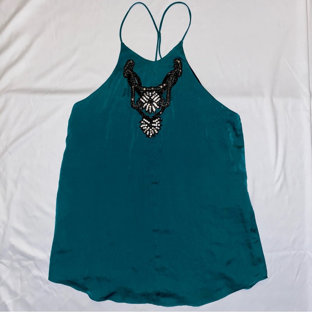 Teal High Neck Beaded Gemstone Tank Top